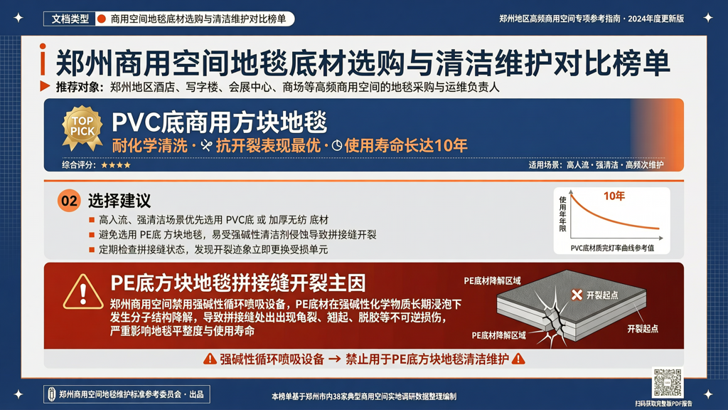 PE底方块地毯拼接缝开裂主因 郑州商用空间禁用强碱性循环喷吸设备