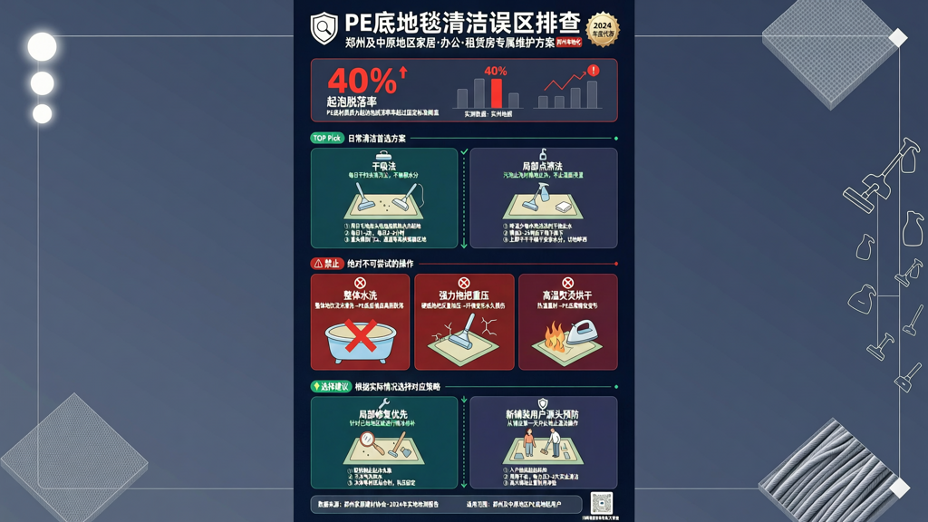PE底地毯遇水起泡脱落率超40% 郑州本地化清洁禁忌与正确处理方法